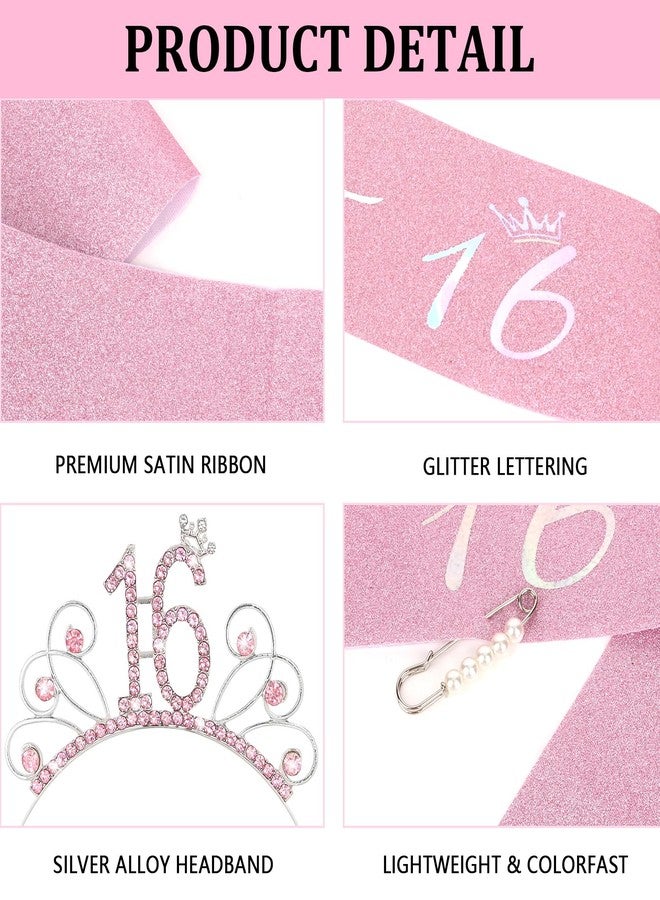 YARIEW Sweet 16 Birthday Sash Headband, 16th Birthday Crown and Sash, Pink - Image 3